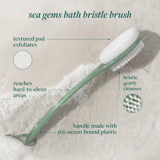 Sea Gems Bath Bristle Brush, Dual-Sided Back Scrubber for Shower | Smooths Rough Spots, Shower Brush for Back, Dual-Sided, Long Handle Bath Brush, Vegan, Low-Waste Design, Body Wash Brush