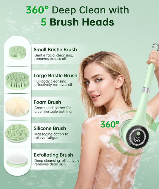 Electric Body Brush Back Scrubber for Shower, Rechargeable Auto Bath Brush | Waterproof with Long Handle, 5 Replaceable Heads & 3 Speeds, Deep Cleansing Exfoliating Massage Scrubber for Men & Women