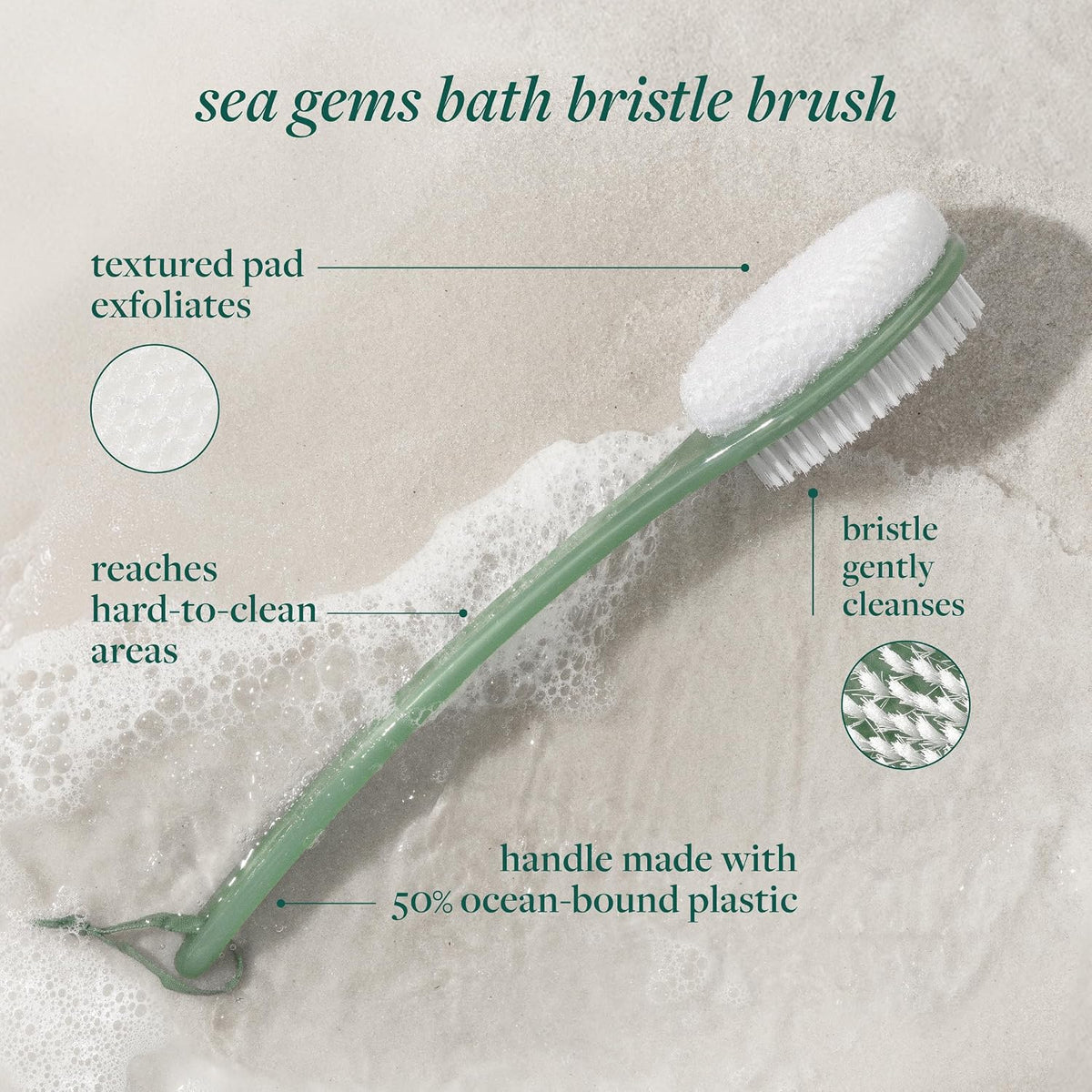 Sea Gems Bath Bristle Brush, Dual-Sided Back Scrubber for Shower | Smooths Rough Spots, Shower Brush for Back, Dual-Sided, Long Handle Bath Brush, Vegan, Low-Waste Design, Body Wash Brush