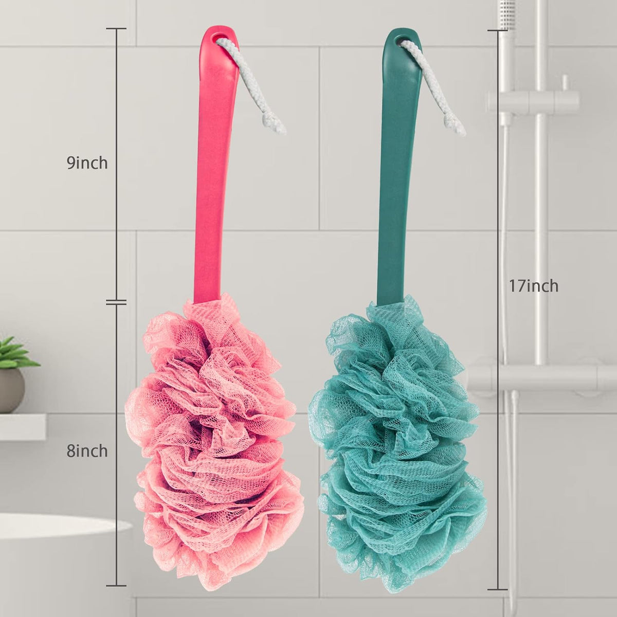 Back Scrubber for Shower, Loofah Sponge Brush Exfoliating Body, Long Handle Scrub Brush for Shower with Loofah on a Stick for Back Use, Bathing Accessories Body Brushes (2Pack)