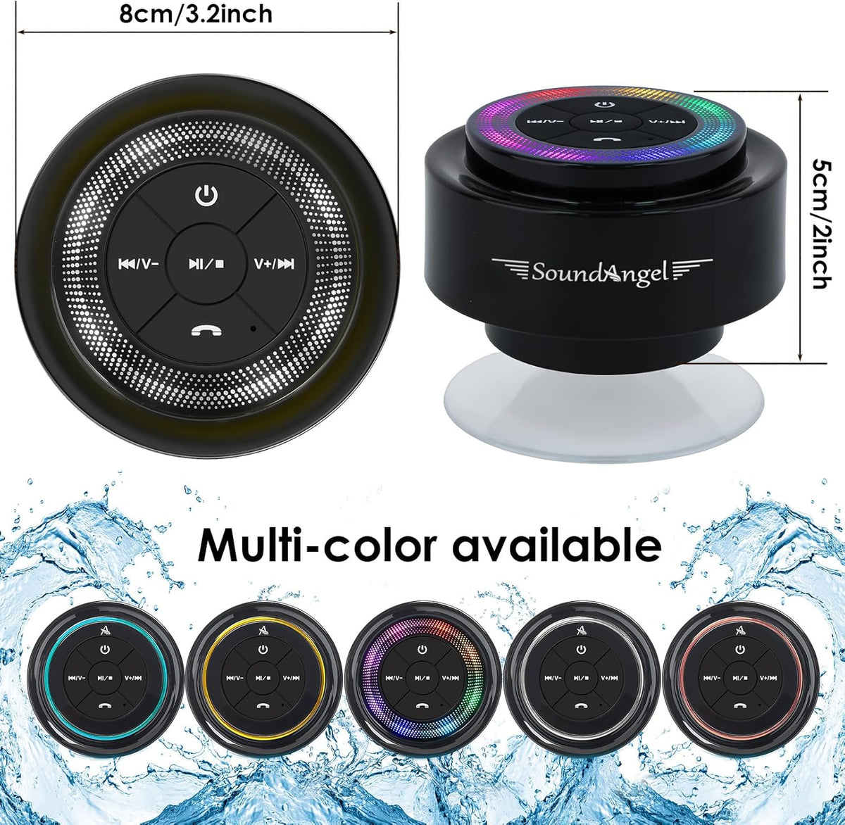 Pro Shower Speaker (Upgraded) Certified IPX7 Waterproof Bluetooth Speaker, 8W Crystal Sound&Rich Bass, 15H Playtime, with Suction Cup, Silicone Lanyard, Ideal Gifts, Soundangel Mate(2 Gen)