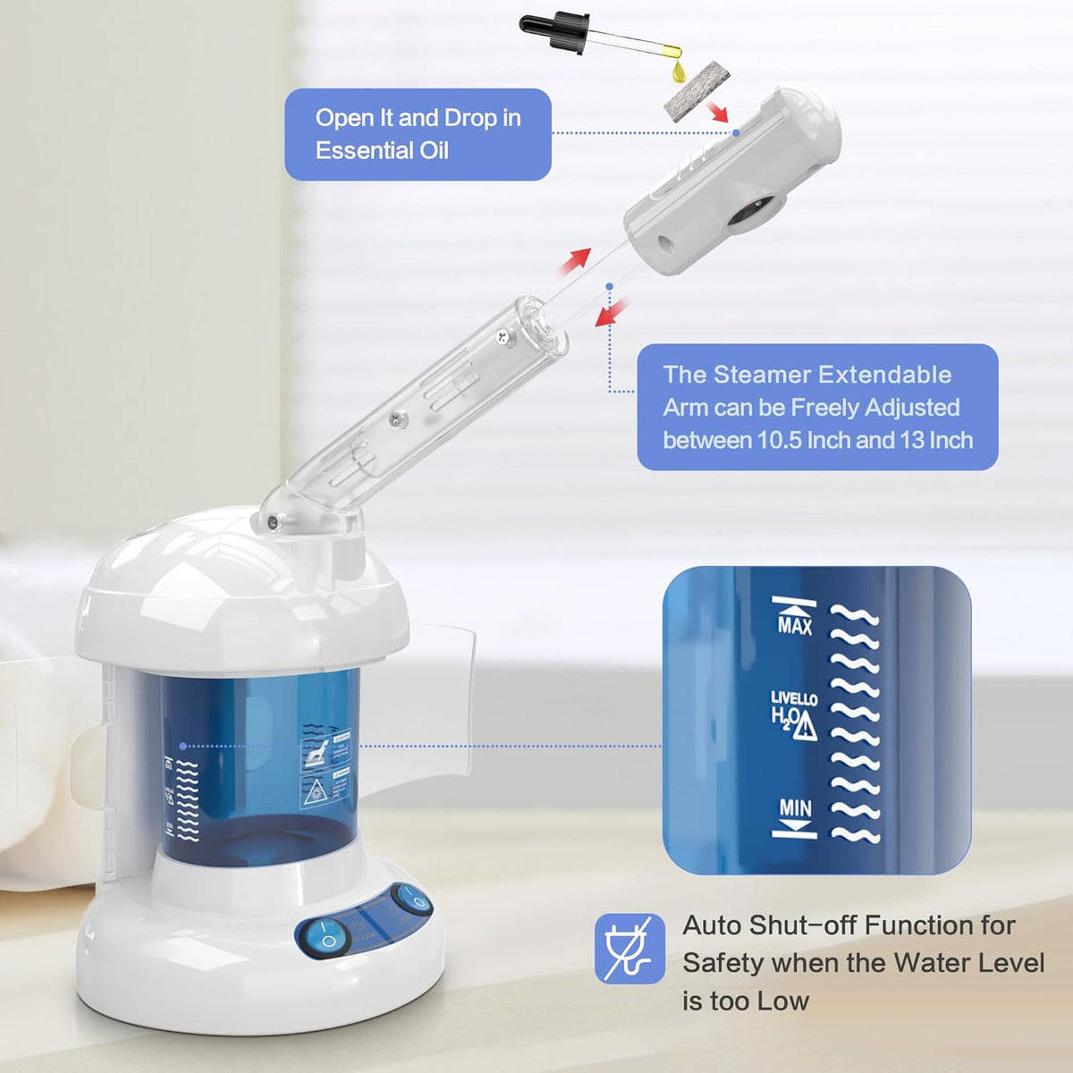 Facial Steamer, Ozone Nano Ionic Face Steamer for Deep Cleaning | Extendable Arm with 360° Rotating Nozzle, 400Ml Water Tank Provides 40 Minutes of Steam for Daily Skincare at Home or Salon