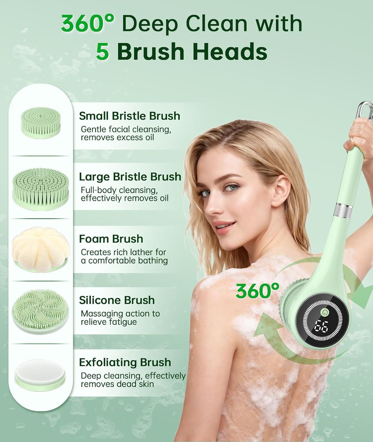 Electric Body Brush Back Scrubber for Shower, Rechargeable Auto Bath Brush | Waterproof with Long Handle, 5 Replaceable Heads & 3 Speeds, Deep Cleansing Exfoliating Massage Scrubber for Men & Women