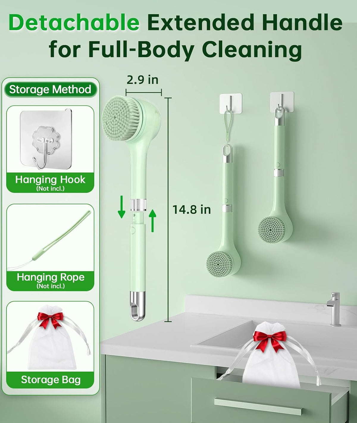 Electric Body Brush Back Scrubber for Shower, Rechargeable Auto Bath Brush | Waterproof with Long Handle, 5 Replaceable Heads & 3 Speeds, Deep Cleansing Exfoliating Massage Scrubber for Men & Women