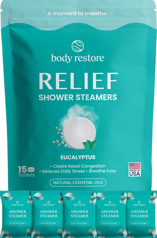 Bodyrestore Shower Steamers Aromatherapy, Self Care Gifts, Relief 15 Pack | Birthday Gifts for Women & Men, Spa Stress Relief & Relaxation, Eucalyptus & Menthol Essential Oil Tablets