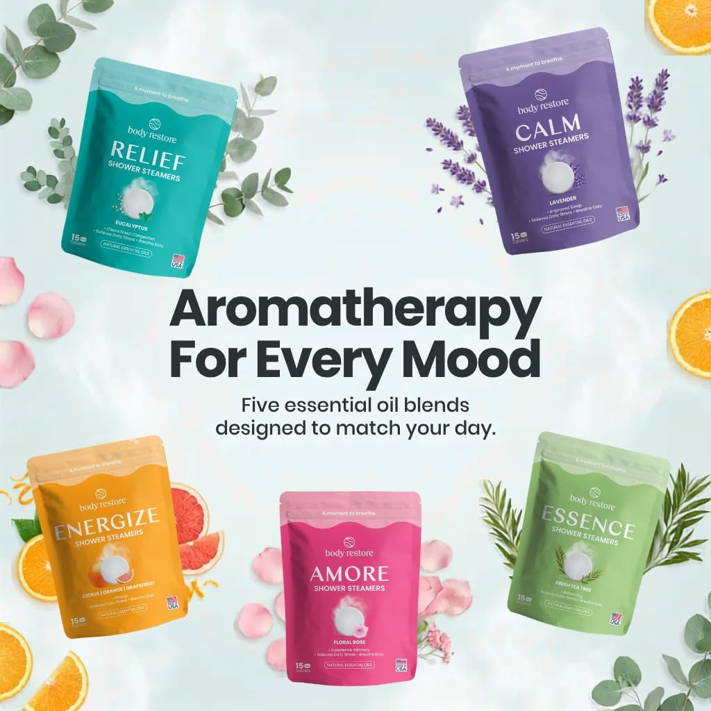 Bodyrestore Shower Steamers Aromatherapy, Self Care Gifts, Relief 15 Pack | Birthday Gifts for Women & Men, Spa Stress Relief & Relaxation, Eucalyptus & Menthol Essential Oil Tablets