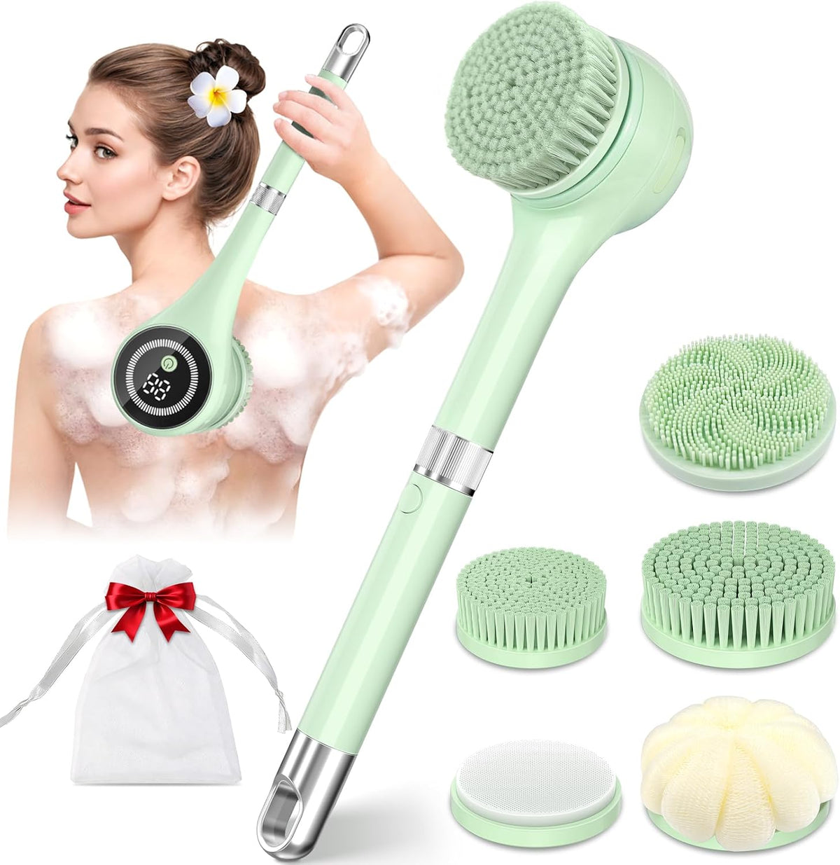 Electric Body Brush Back Scrubber for Shower, Rechargeable Auto Bath Brush | Waterproof with Long Handle, 5 Replaceable Heads & 3 Speeds, Deep Cleansing Exfoliating Massage Scrubber for Men & Women