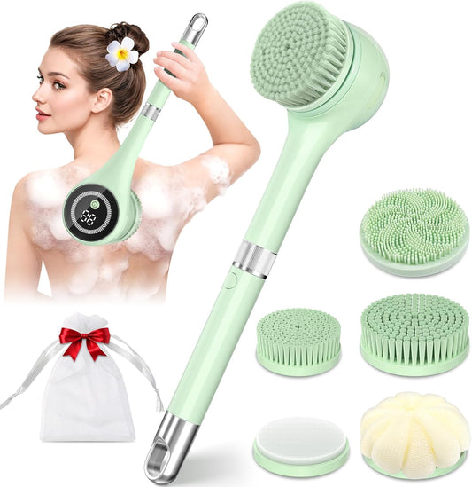 Electric Body Brush Back Scrubber for Shower, Rechargeable Auto Bath Brush | Waterproof with Long Handle, 5 Replaceable Heads & 3 Speeds, Deep Cleansing Exfoliating Massage Scrubber for Men & Women