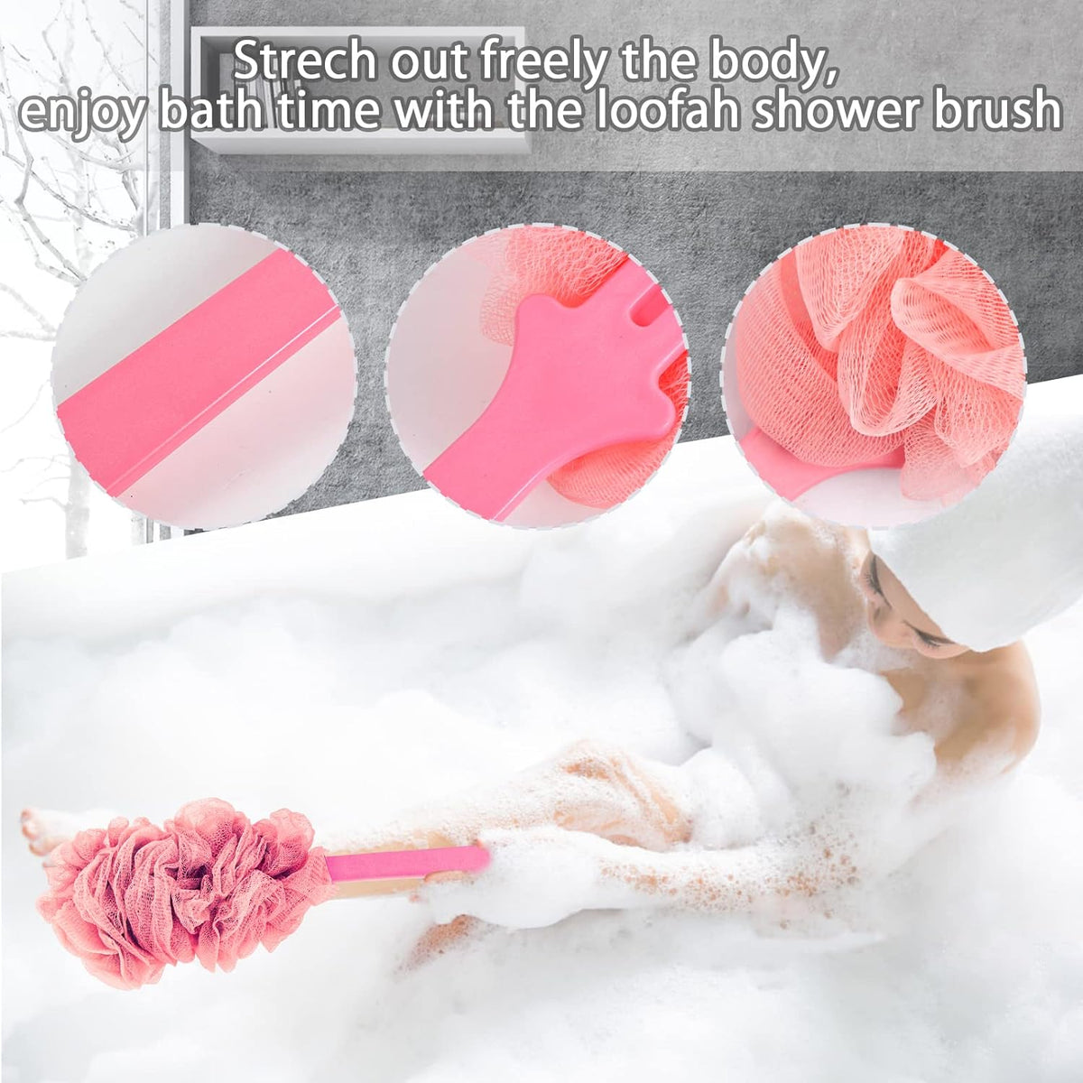 Back Scrubber for Shower, Loofah Sponge Brush Exfoliating Body, Long Handle Scrub Brush for Shower with Loofah on a Stick for Back Use, Bathing Accessories Body Brushes (2Pack)