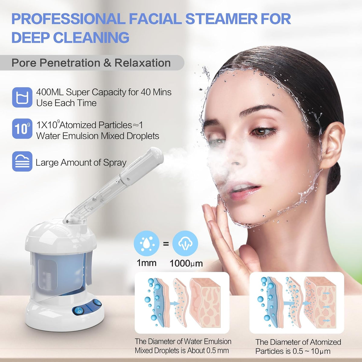Facial Steamer, Ozone Nano Ionic Face Steamer for Deep Cleaning | Extendable Arm with 360° Rotating Nozzle, 400Ml Water Tank Provides 40 Minutes of Steam for Daily Skincare at Home or Salon