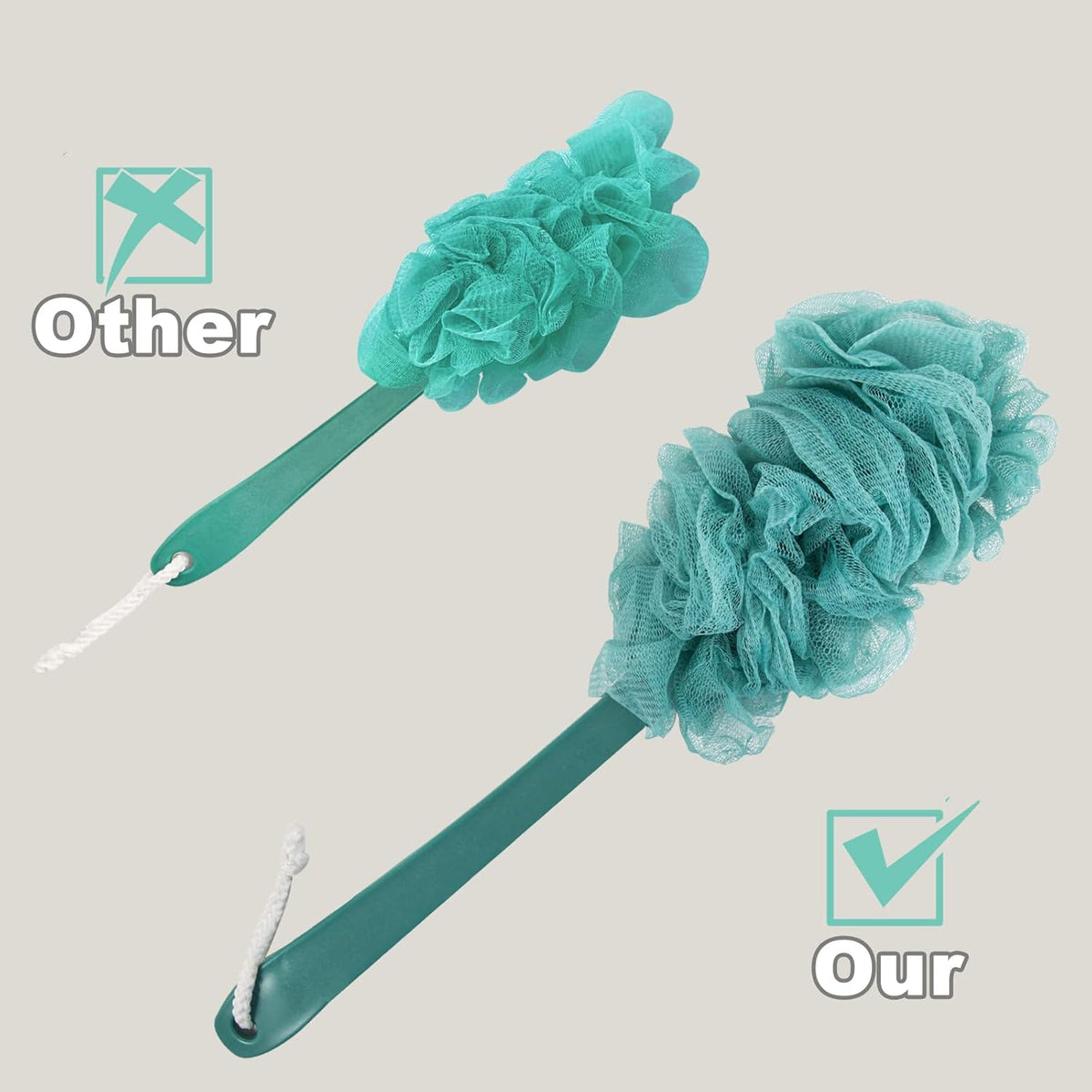 Back Scrubber for Shower, Loofah Sponge Brush Exfoliating Body, Long Handle Scrub Brush for Shower with Loofah on a Stick for Back Use, Bathing Accessories Body Brushes (2Pack)