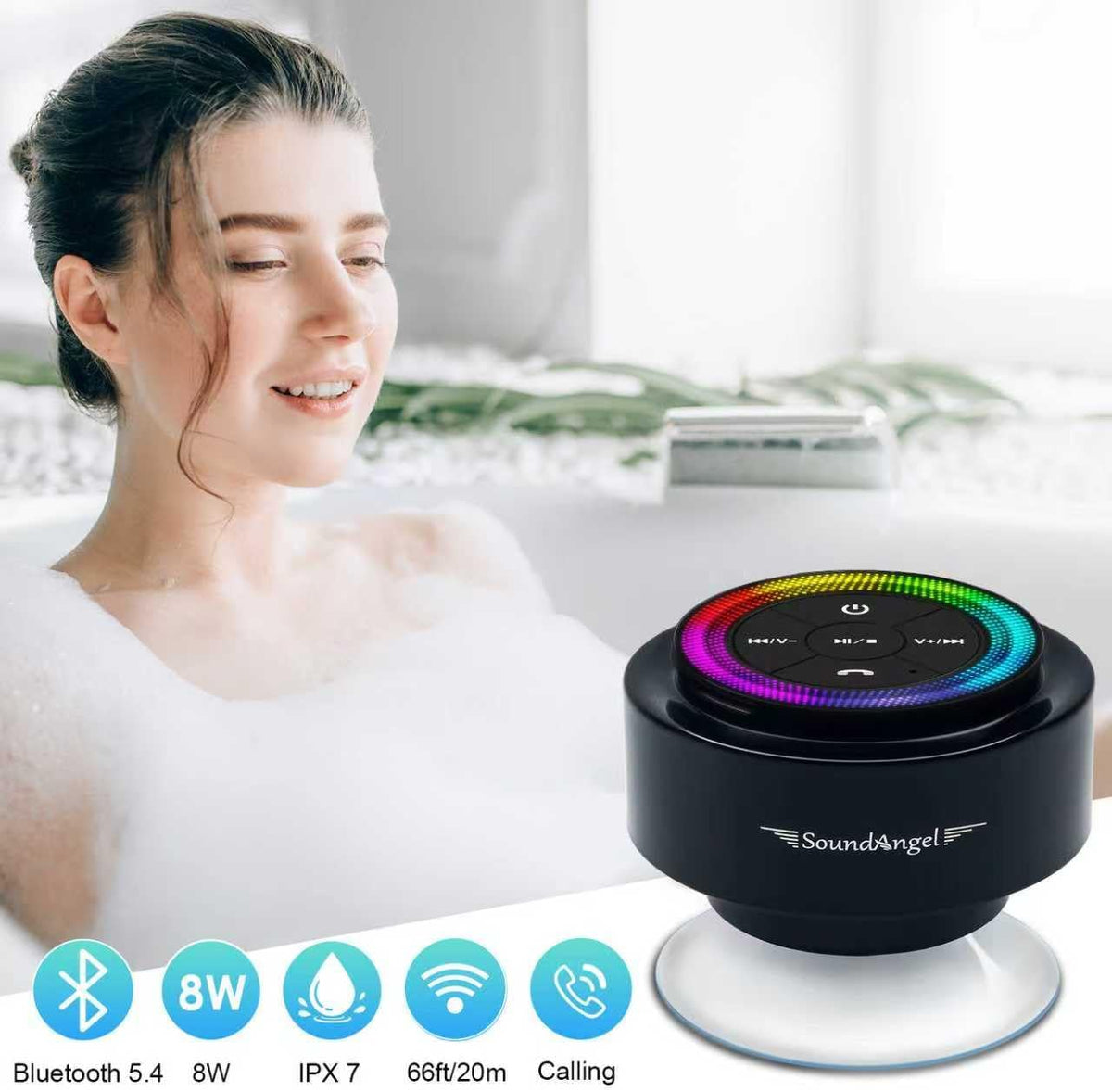Pro Shower Speaker (Upgraded) Certified IPX7 Waterproof Bluetooth Speaker, 8W Crystal Sound&Rich Bass, 15H Playtime, with Suction Cup, Silicone Lanyard, Ideal Gifts, Soundangel Mate(2 Gen)