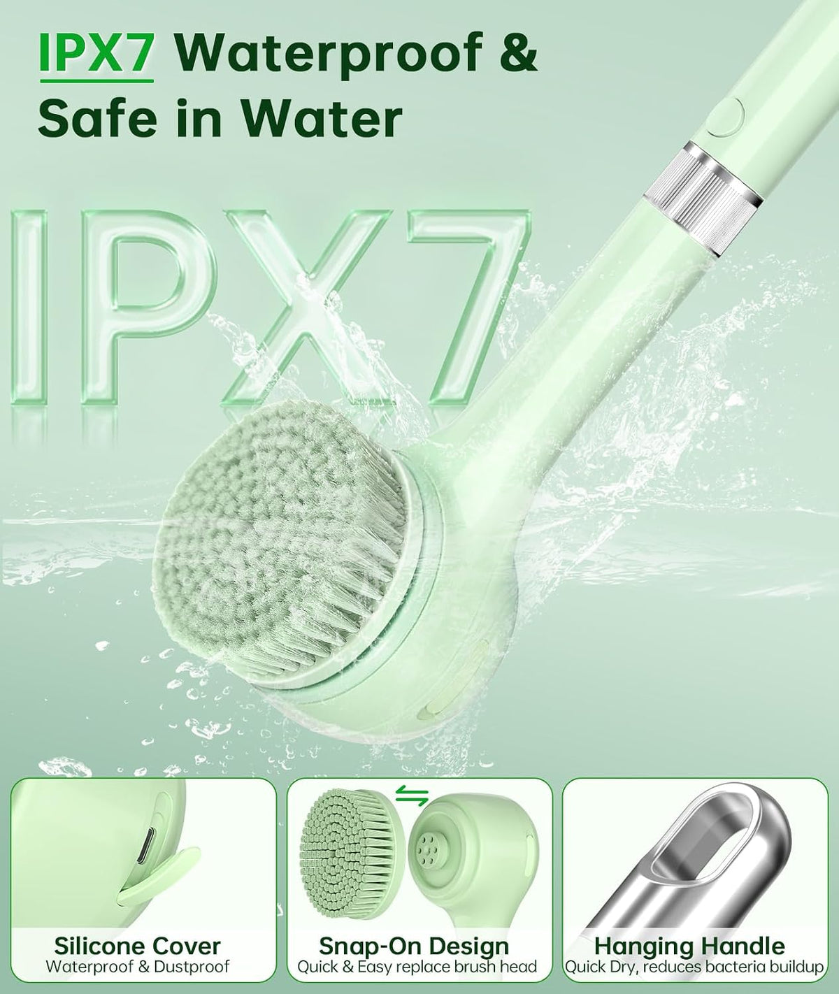 Electric Body Brush Back Scrubber for Shower, Rechargeable Auto Bath Brush | Waterproof with Long Handle, 5 Replaceable Heads & 3 Speeds, Deep Cleansing Exfoliating Massage Scrubber for Men & Women